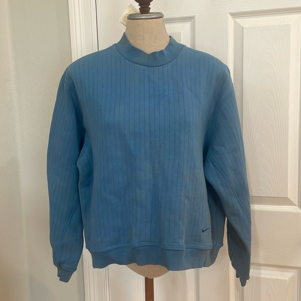 Nike fleece sweatshirt crewneck pull over ribbed blue swoosh womens size L 12 14